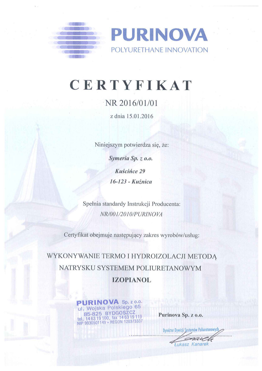 SYMERIA certyfikat Purinova