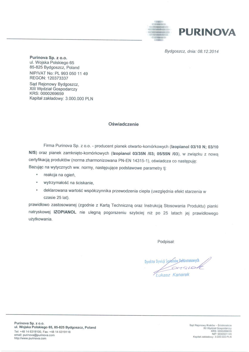 SYMERIA certyfikat - oświadczenie Purinova