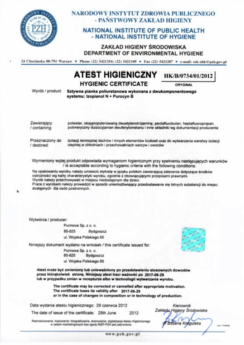 SYMERIA certyfikat higieniczny